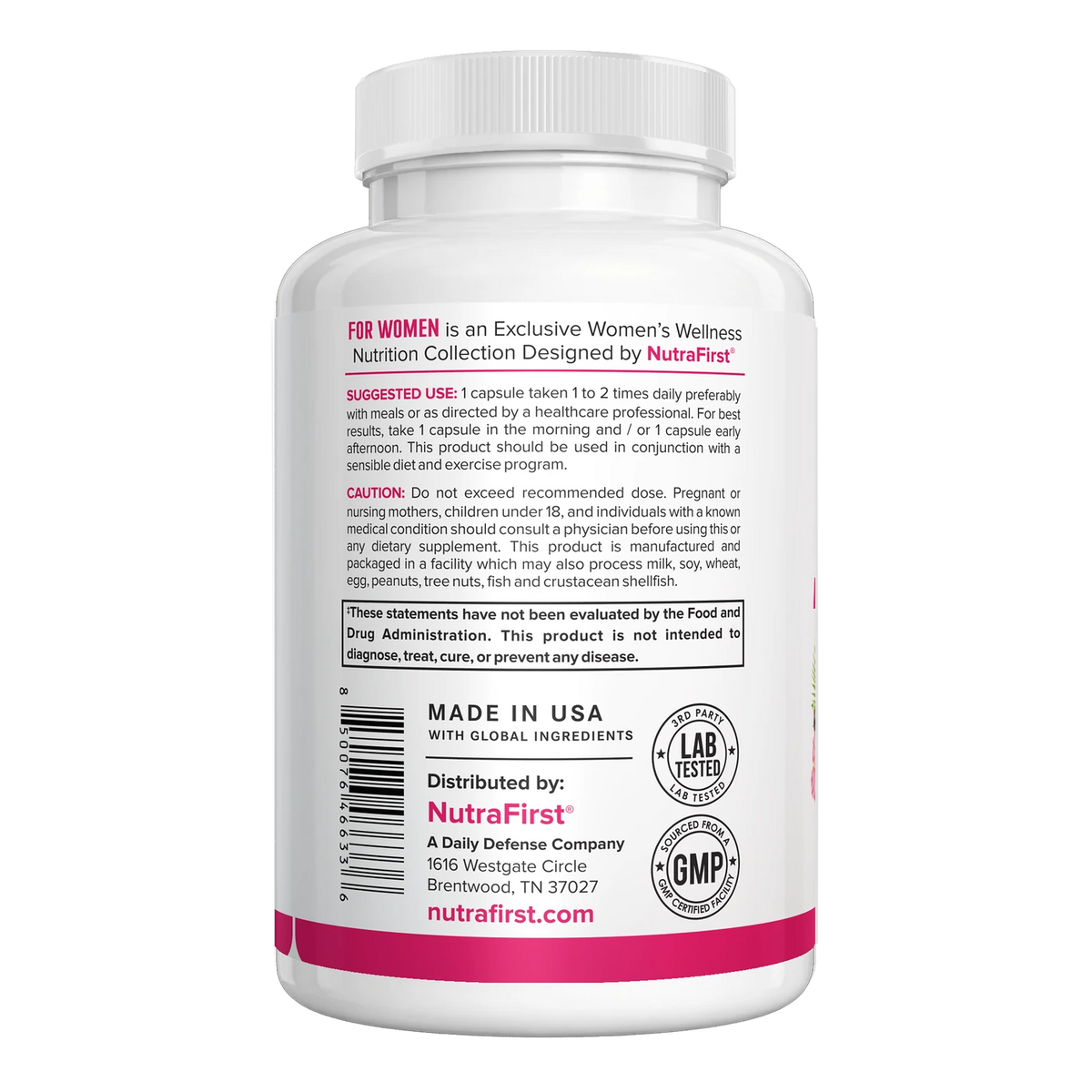 Thermogenic Fat Burner for Women, 120 capsule bottle, directions, warnings and quality badges