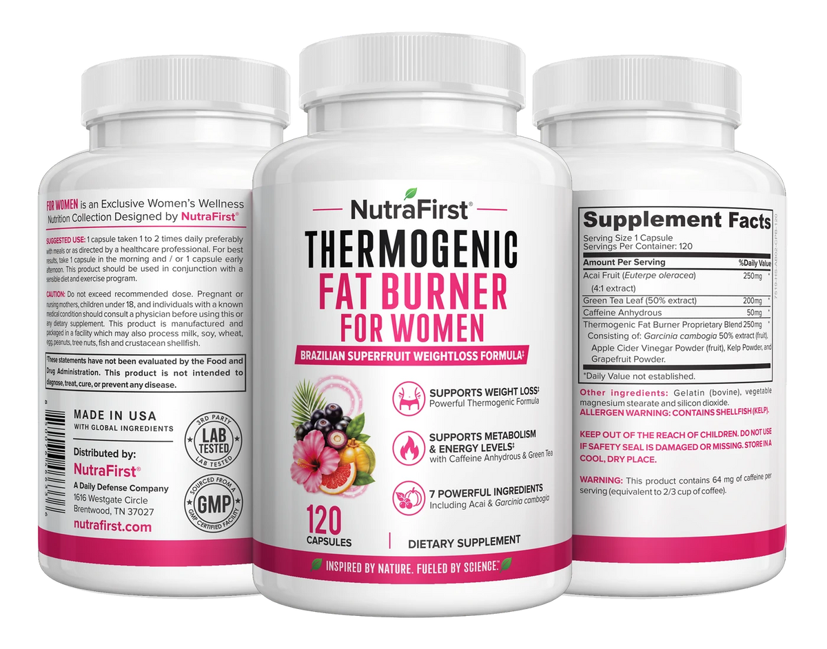 Thermogenic Fat Burner for Women, 120 capsule bottle, three label angles