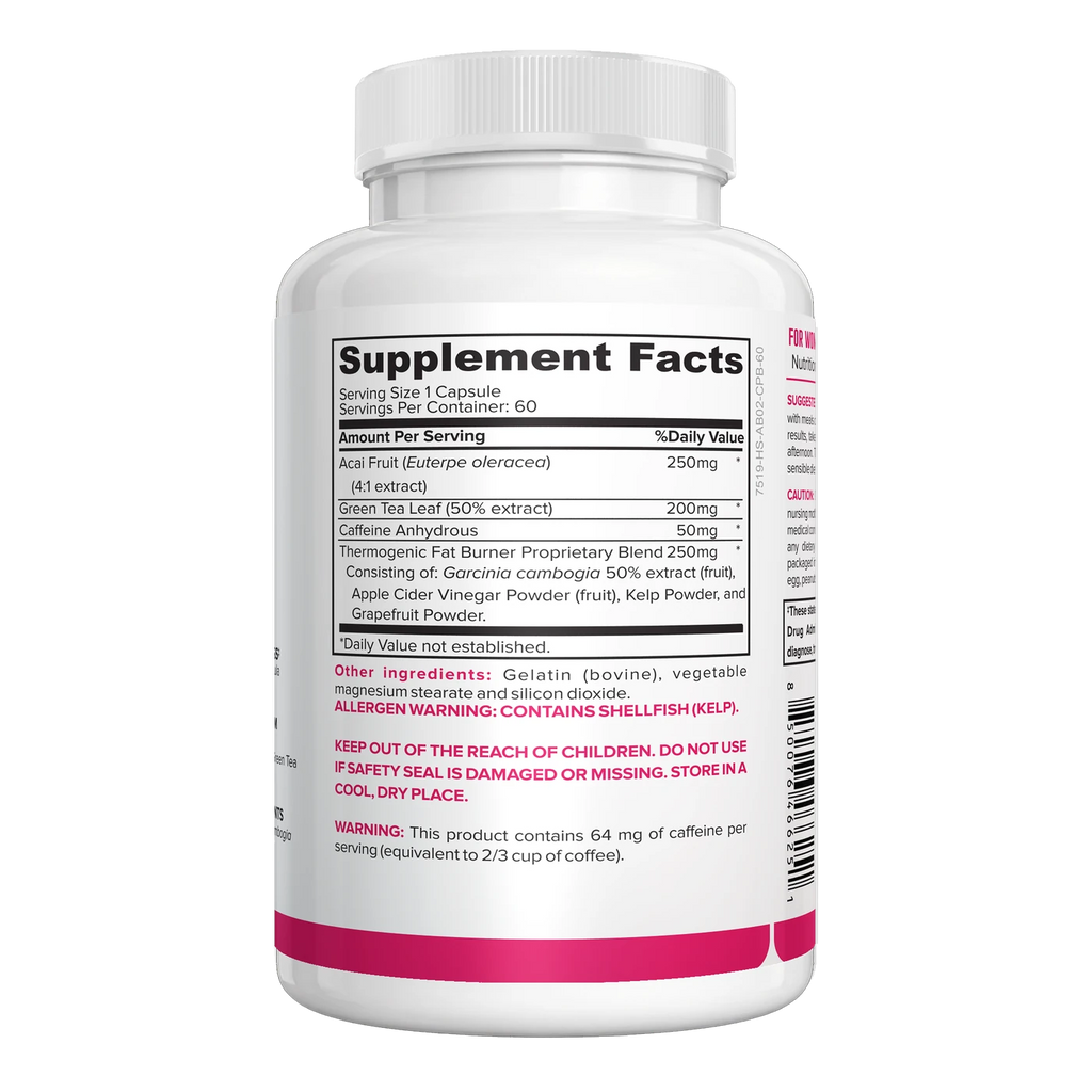 Thermogenic Fat Burner for Women, 60 capsule bottle, Supplement Facts panel
