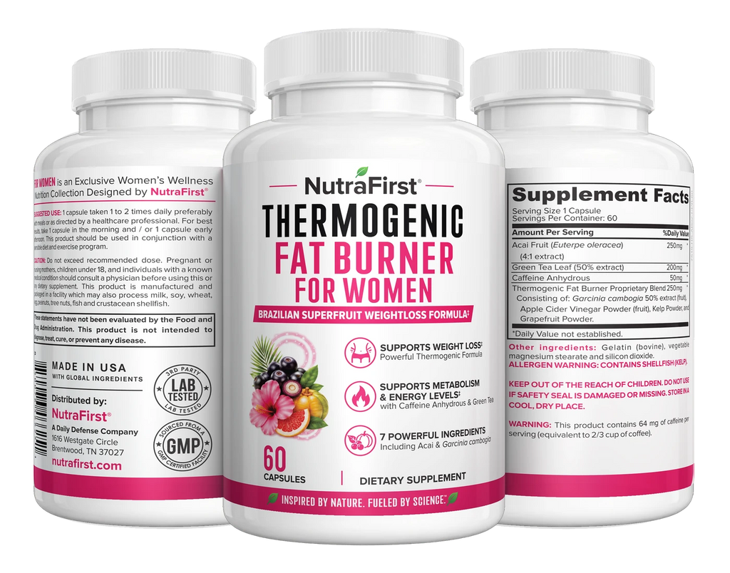 Thermogenic Fat Burner for Women, 60 capsule bottle, three label angles