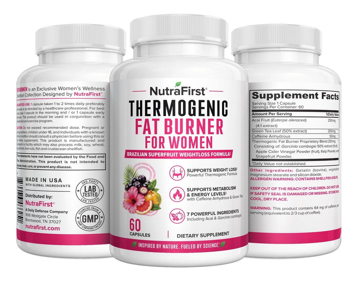 Thermogenic Fat Burner for Women, 60 capsule bottle, three label angles