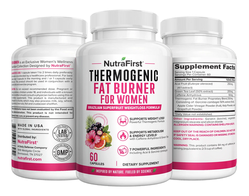 Thermogenic Fat Burner for Women, 60 capsule bottle, three label angles