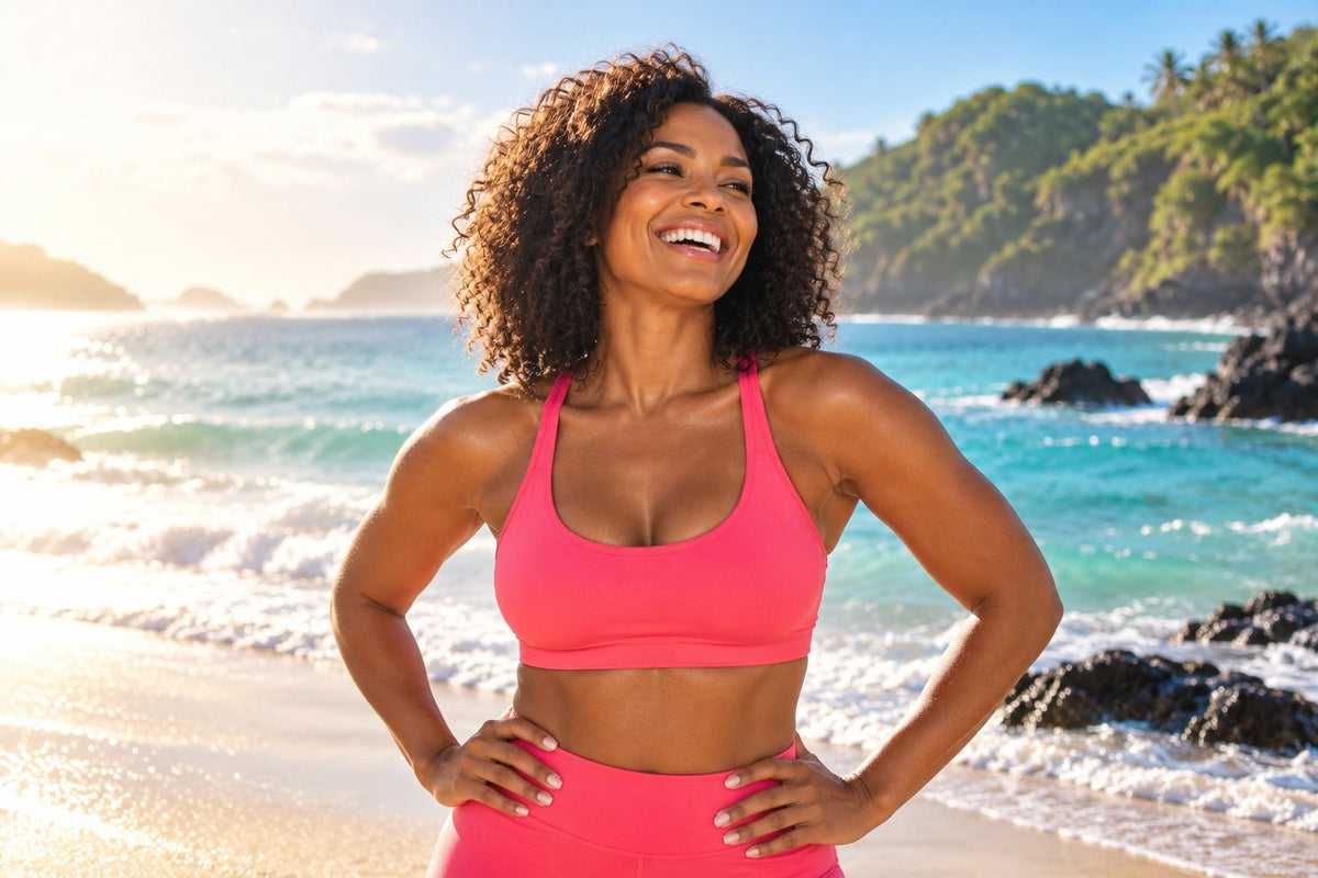 Laughing woman in coral activewear at the beach