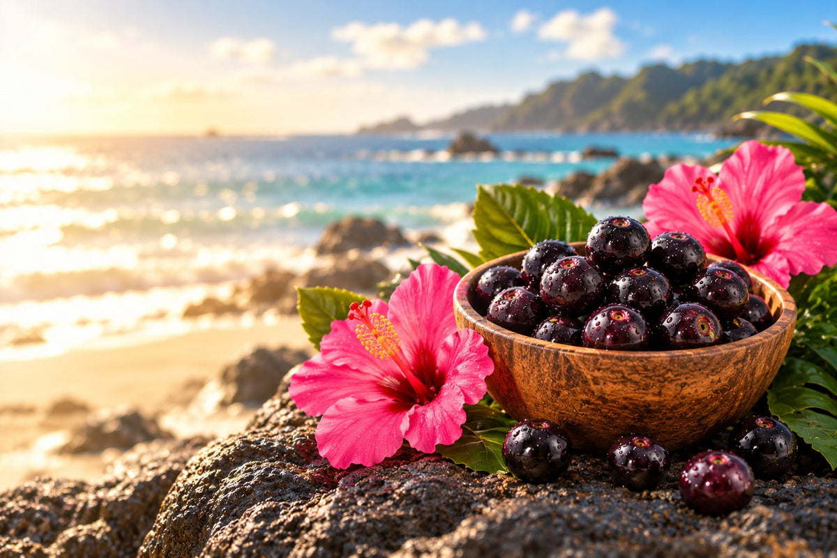 Wooden bowl of acai berries on sunlit beach rocks
